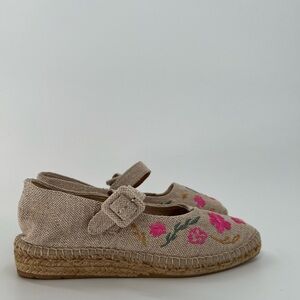 Naguisa Miru Canvas Floral Embroidered Strap Jute Espadrille Flats